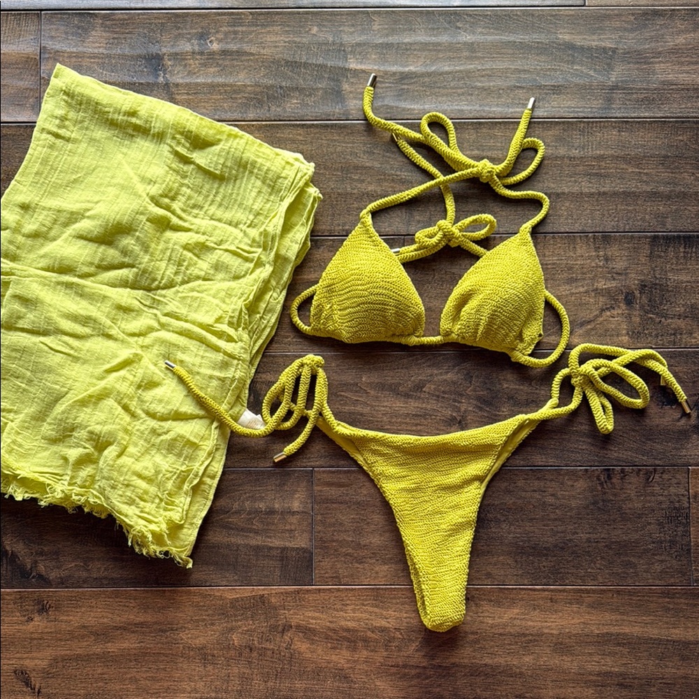 Monday Swimwear Yellow Textured Triangle Bikini Set